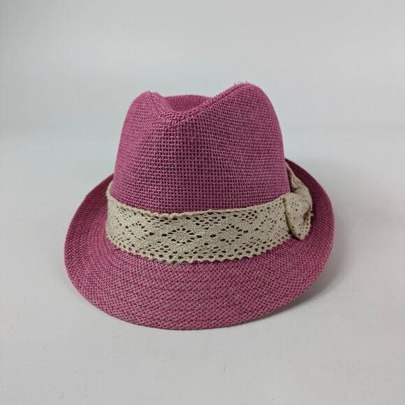 Womens Pink Straw Fedora Hat Hatter Company Ivory Lace Bow One Size Cap Trilby - Picture 1 of 8